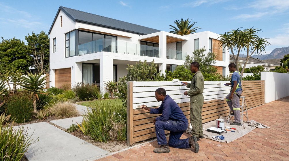 Professional fence painters painting a wooden fence at a coastal home in Clifton