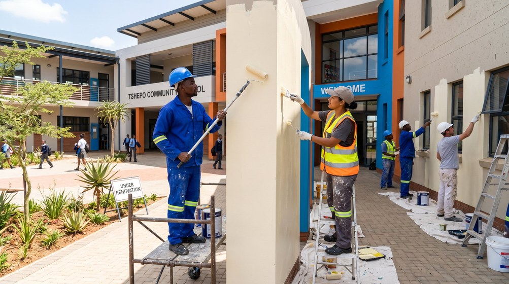 Professional school painting team painting a community school on the Atlantic Seaboard