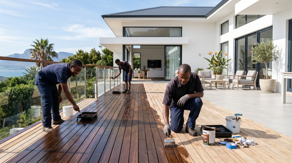 Professional wood staining team applying deck stain overlooking the ocean in Clifton